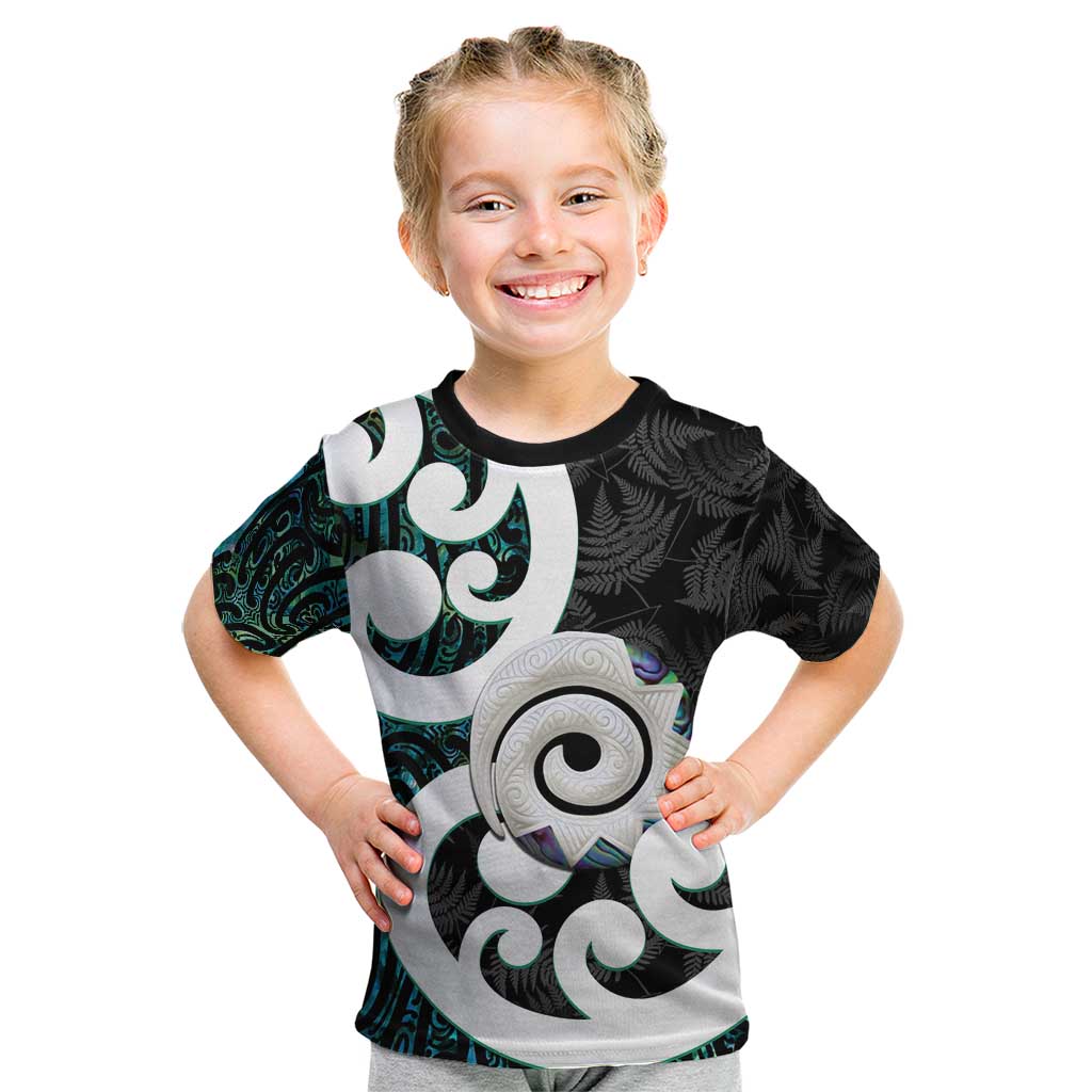 Aotearoa Koru Kid T Shirt Cyan Maori Paua Shell Mix Silver Fern - Vibe Hoodie Shop