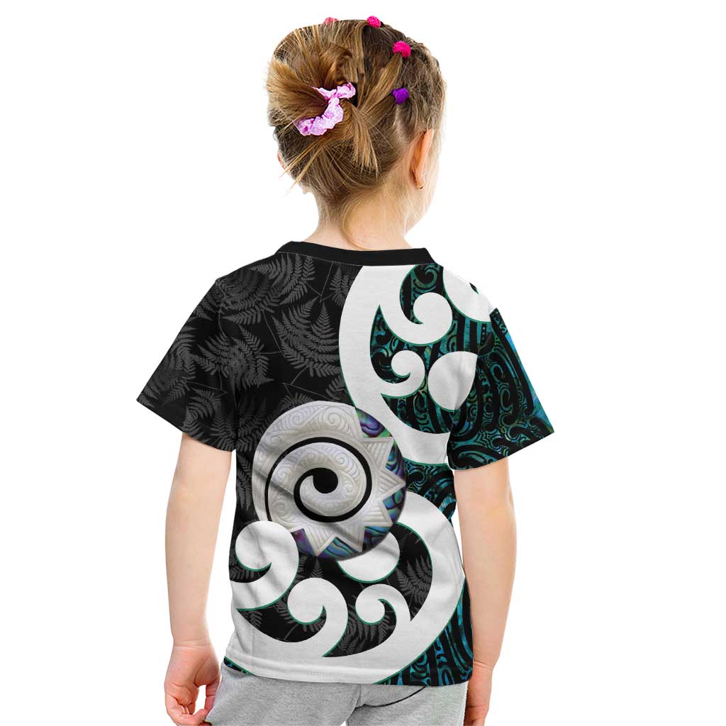 Aotearoa Koru Kid T Shirt Cyan Maori Paua Shell Mix Silver Fern - Vibe Hoodie Shop