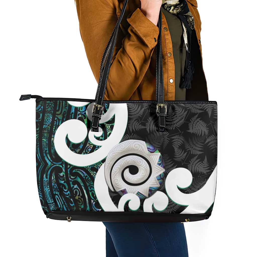 Aotearoa Koru Leather Tote Bag Cyan Maori Paua Shell Mix Silver Fern