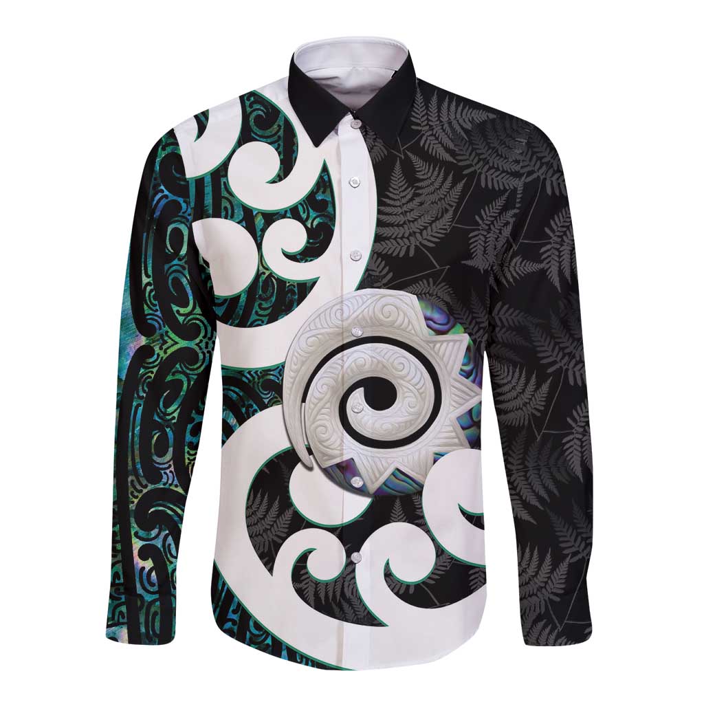 Aotearoa Koru Long Sleeve Button Shirt Cyan Maori Paua Shell Mix Silver Fern - Vibe Hoodie Shop