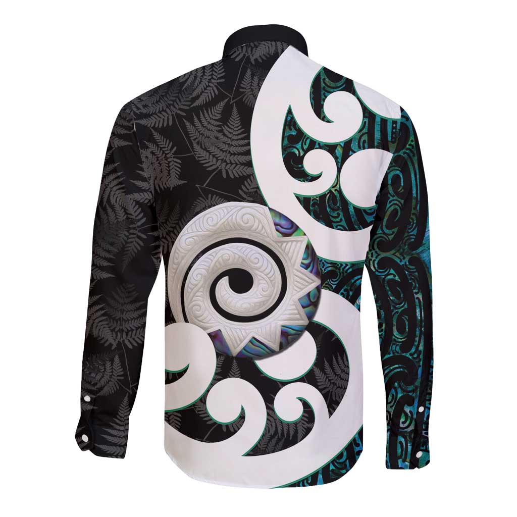 Aotearoa Koru Long Sleeve Button Shirt Cyan Maori Paua Shell Mix Silver Fern - Vibe Hoodie Shop