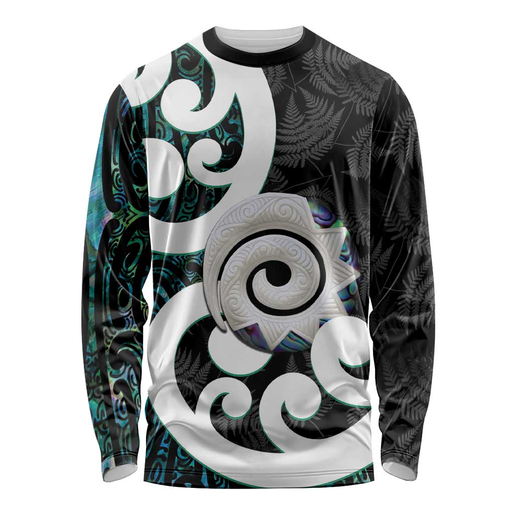 Aotearoa Koru Long Sleeve Shirt Cyan Maori Paua Shell Mix Silver Fern - Vibe Hoodie Shop