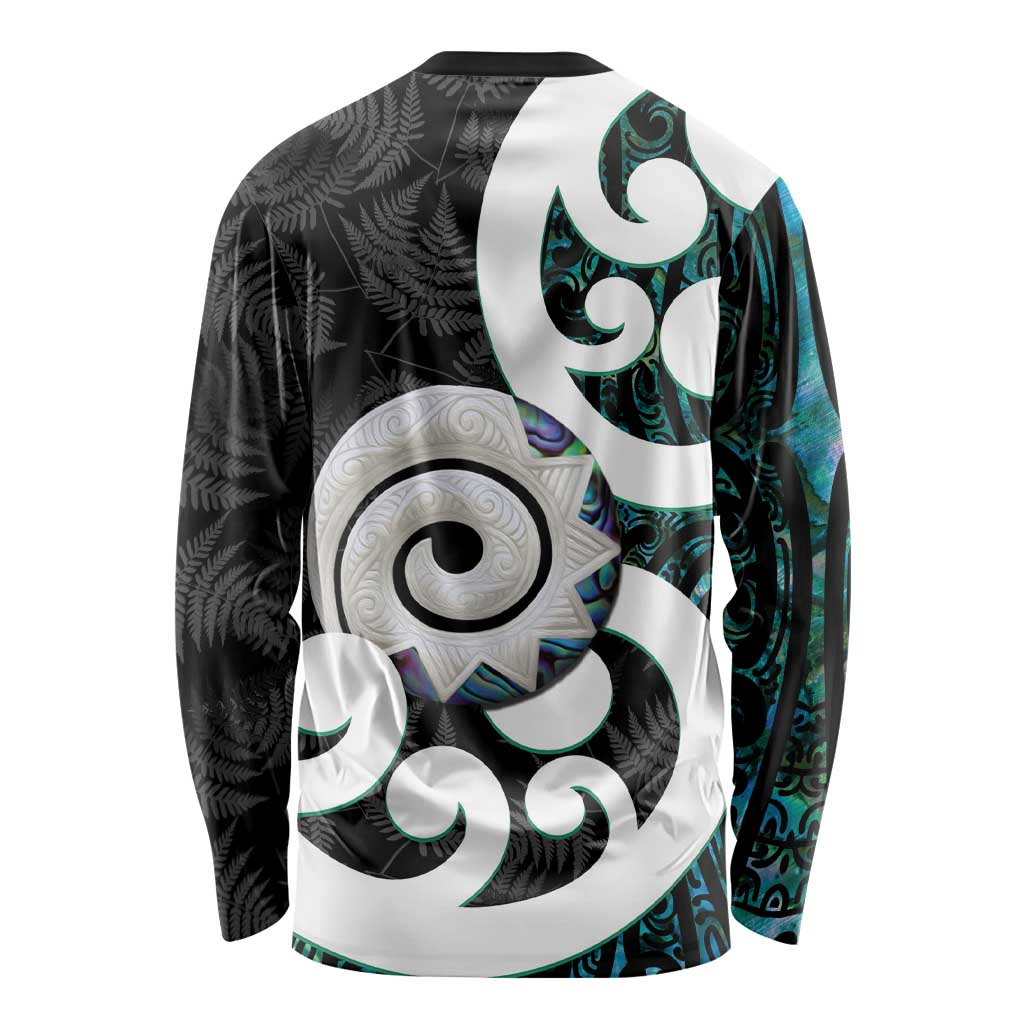 Aotearoa Koru Long Sleeve Shirt Cyan Maori Paua Shell Mix Silver Fern - Vibe Hoodie Shop