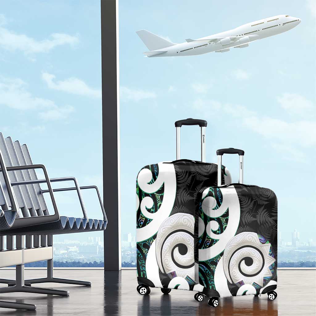 Aotearoa Koru Luggage Cover Cyan Maori Paua Shell Mix Silver Fern - Vibe Hoodie Shop