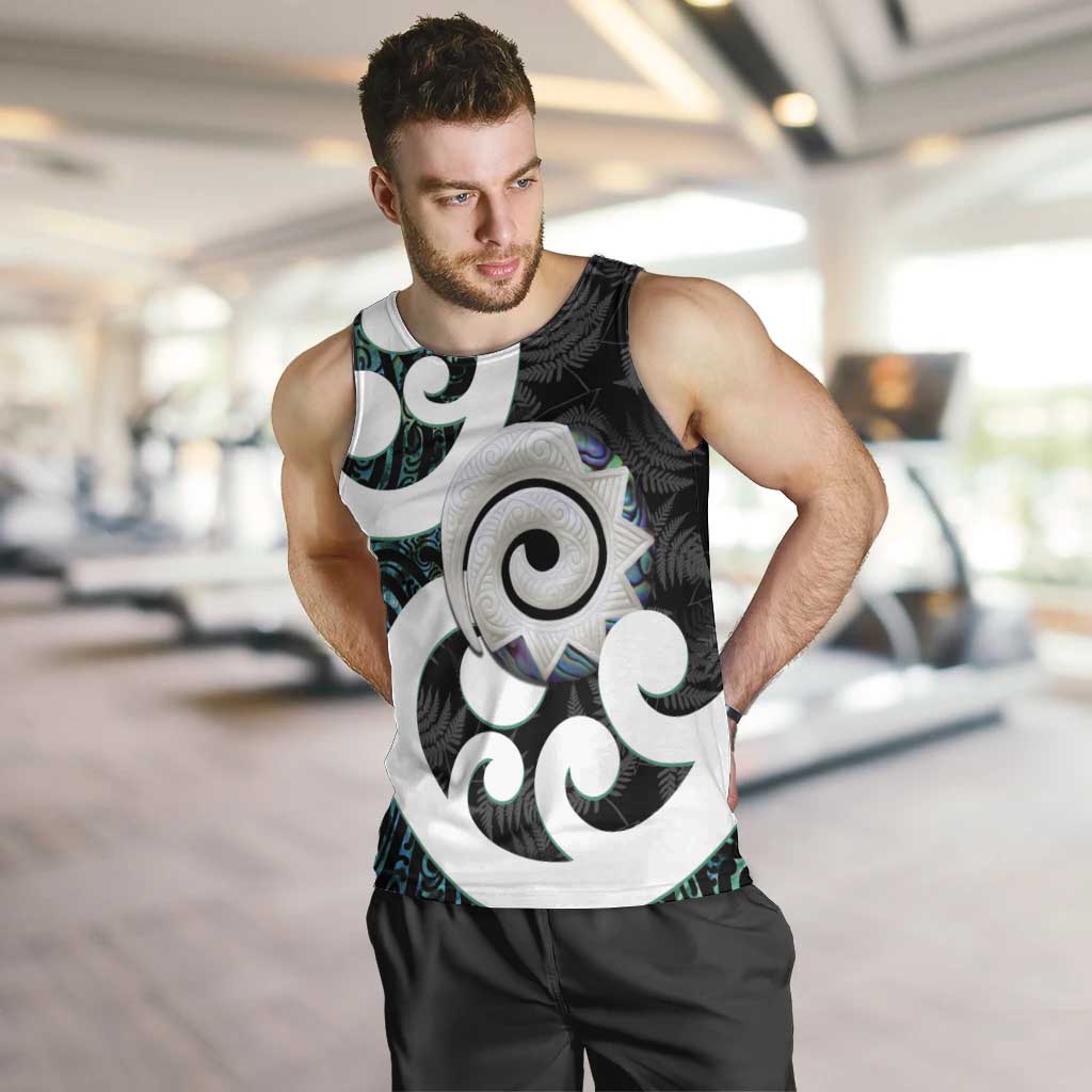 Aotearoa Koru Men Tank Top Cyan Maori Paua Shell Mix Silver Fern - Vibe Hoodie Shop