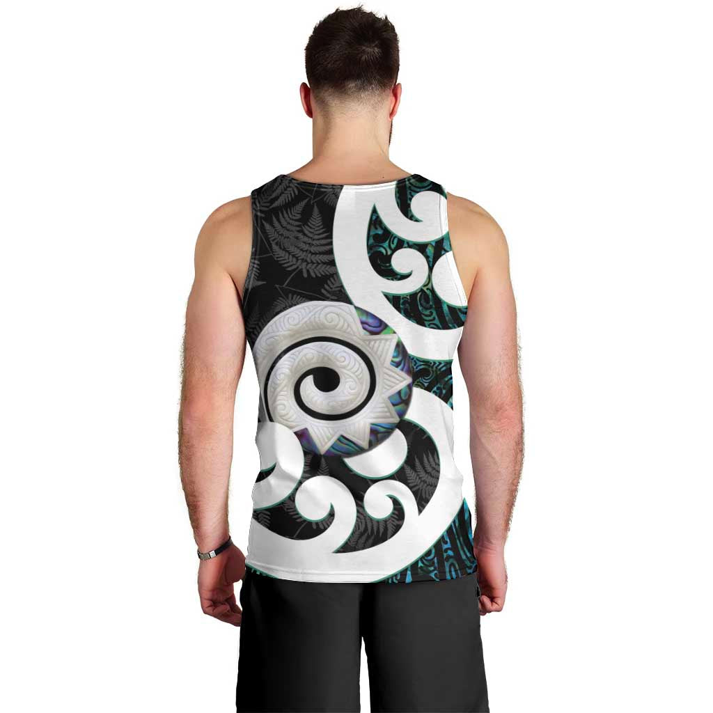 Aotearoa Koru Men Tank Top Cyan Maori Paua Shell Mix Silver Fern - Vibe Hoodie Shop