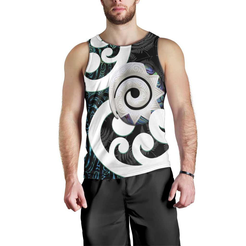 Aotearoa Koru Men Tank Top Cyan Maori Paua Shell Mix Silver Fern - Vibe Hoodie Shop