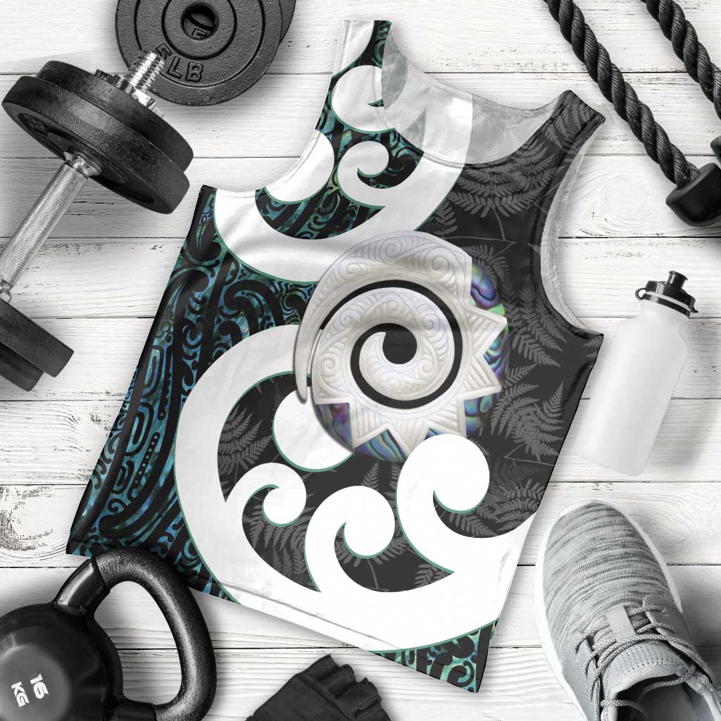 Aotearoa Koru Men Tank Top Cyan Maori Paua Shell Mix Silver Fern - Vibe Hoodie Shop