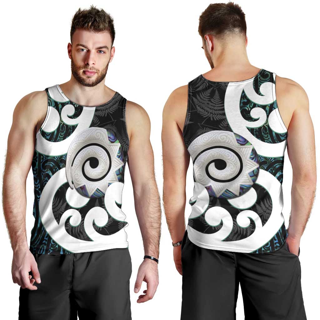 Aotearoa Koru Men Tank Top Cyan Maori Paua Shell Mix Silver Fern - Vibe Hoodie Shop