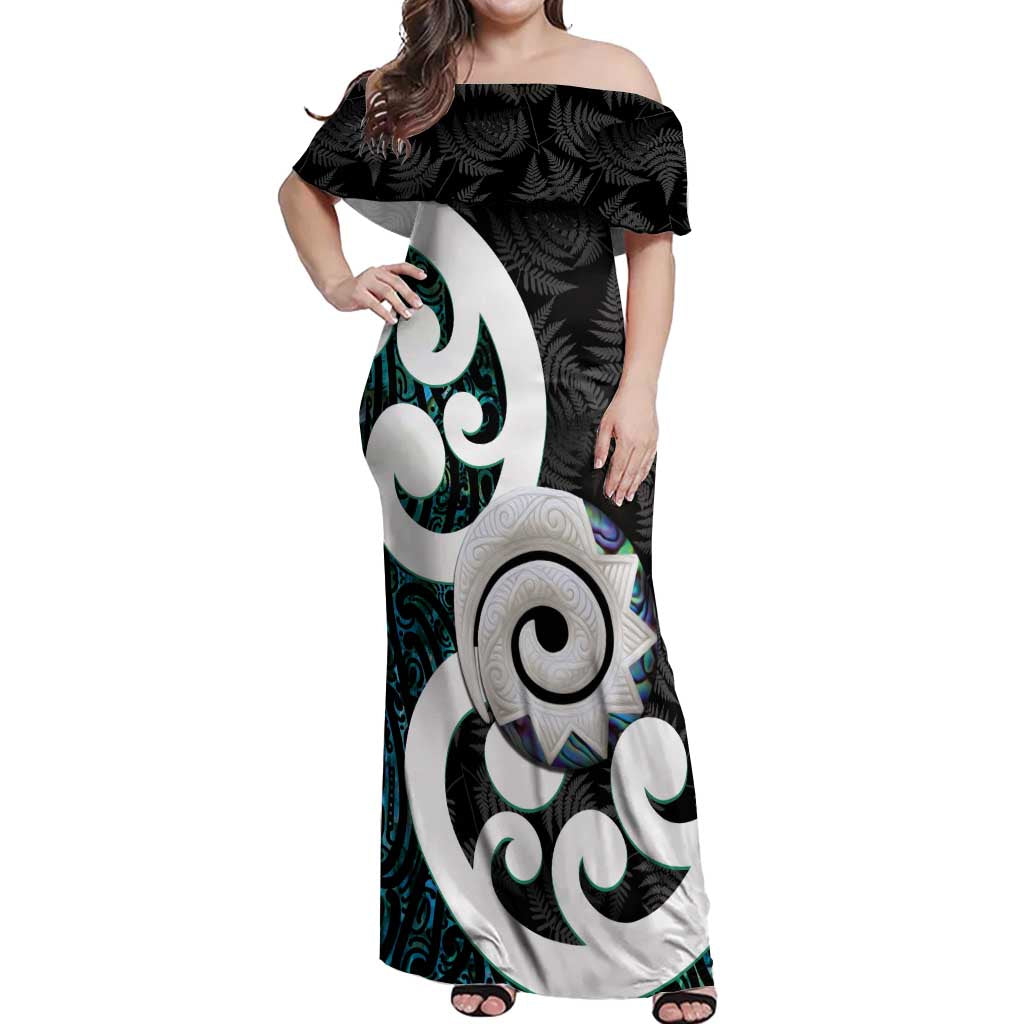 Aotearoa Koru Off Shoulder Maxi Dress Cyan Maori Paua Shell Mix Silver Fern