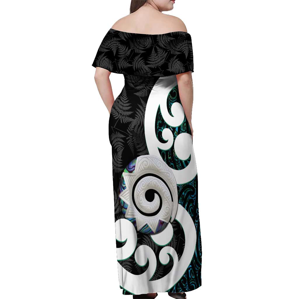 Aotearoa Koru Off Shoulder Maxi Dress Cyan Maori Paua Shell Mix Silver Fern