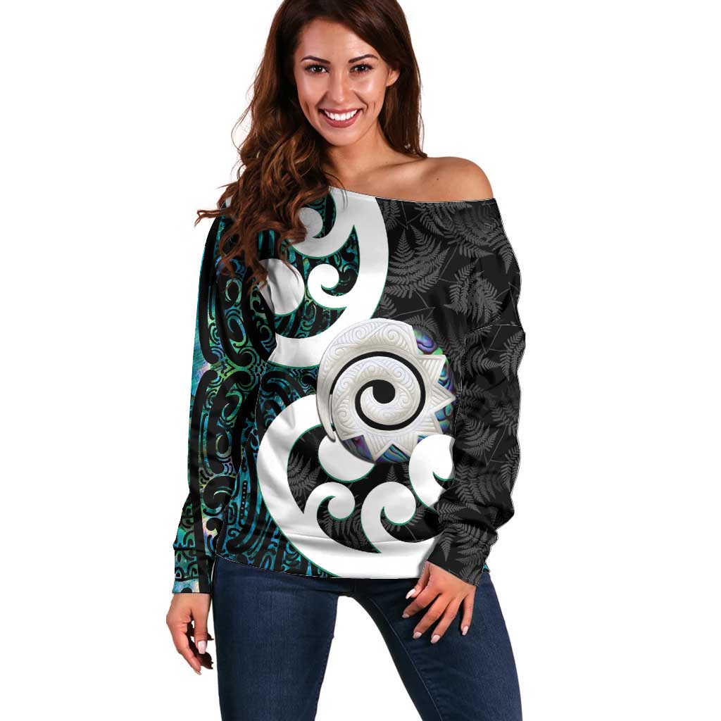 Aotearoa Koru Off Shoulder Sweater Cyan Maori Paua Shell Mix Silver Fern - Vibe Hoodie Shop