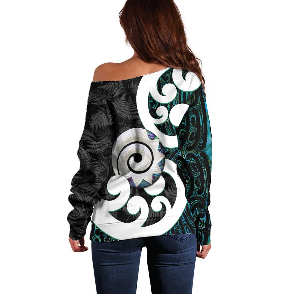 Aotearoa Koru Off Shoulder Sweater Cyan Maori Paua Shell Mix Silver Fern - Vibe Hoodie Shop