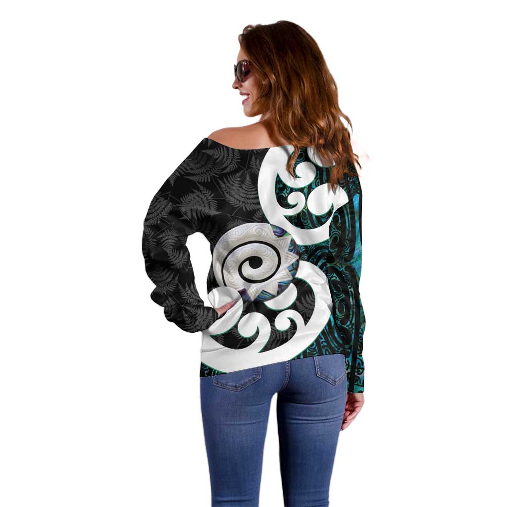 Aotearoa Koru Off Shoulder Sweater Cyan Maori Paua Shell Mix Silver Fern - Vibe Hoodie Shop