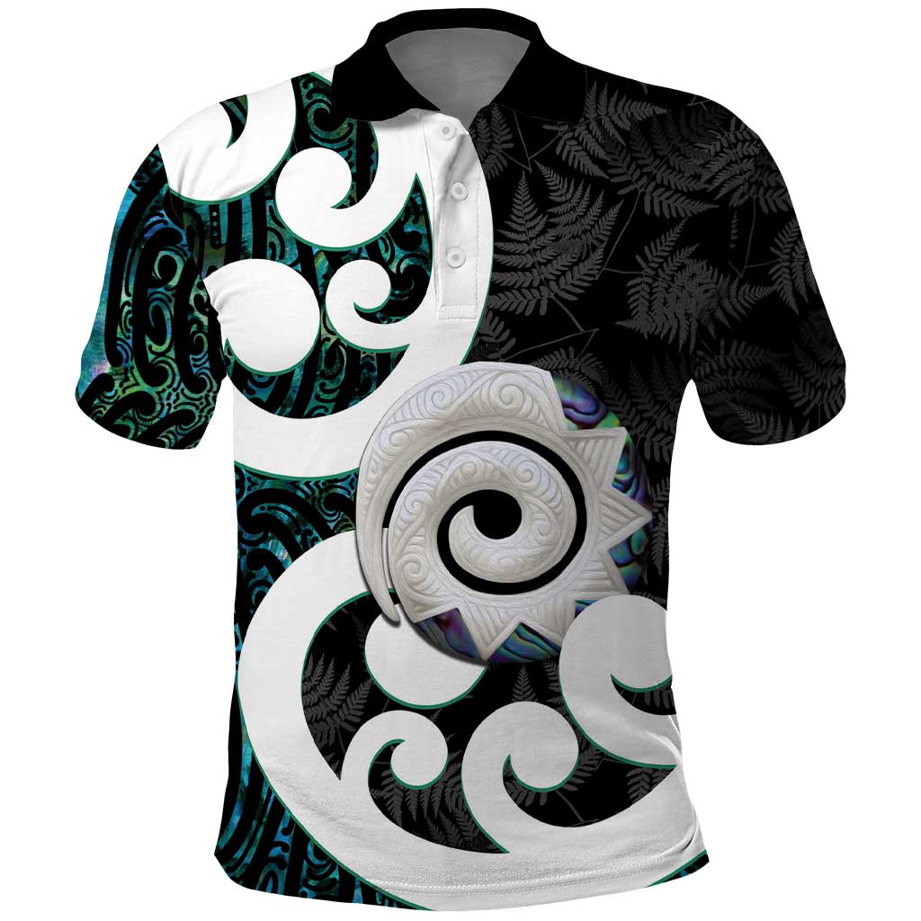 Aotearoa Koru Polo Shirt Cyan Maori Paua Shell Mix Silver Fern - Vibe Hoodie Shop