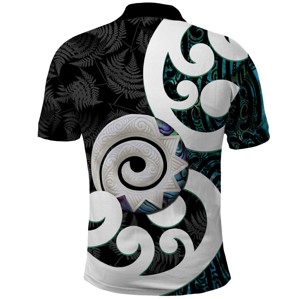 Aotearoa Koru Polo Shirt Cyan Maori Paua Shell Mix Silver Fern - Vibe Hoodie Shop