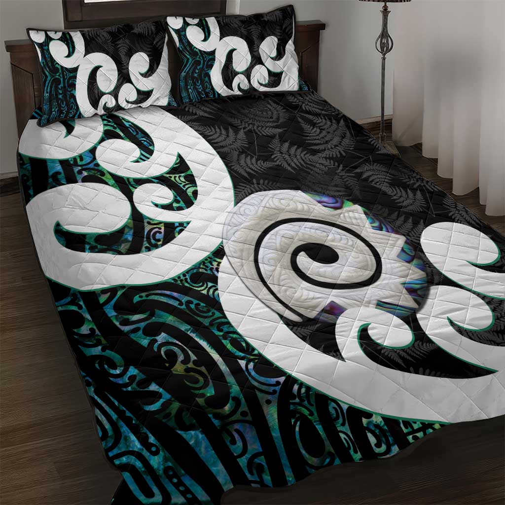 Aotearoa Koru Quilt Bed Set Cyan Maori Paua Shell Mix Silver Fern - Vibe Hoodie Shop