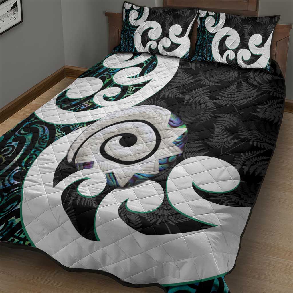 Aotearoa Koru Quilt Bed Set Cyan Maori Paua Shell Mix Silver Fern - Vibe Hoodie Shop