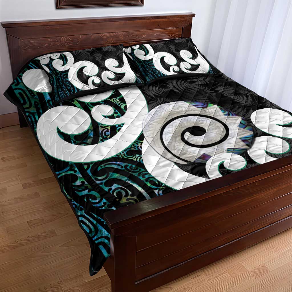 Aotearoa Koru Quilt Bed Set Cyan Maori Paua Shell Mix Silver Fern - Vibe Hoodie Shop