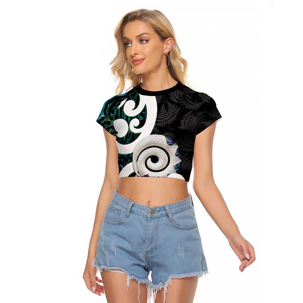 Aotearoa Koru Raglan Cropped T Shirt Cyan Maori Paua Shell Mix Silver Fern - Vibe Hoodie Shop