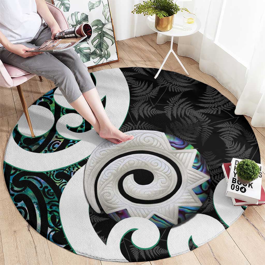 Aotearoa Koru Round Carpet Cyan Maori Paua Shell Mix Silver Fern