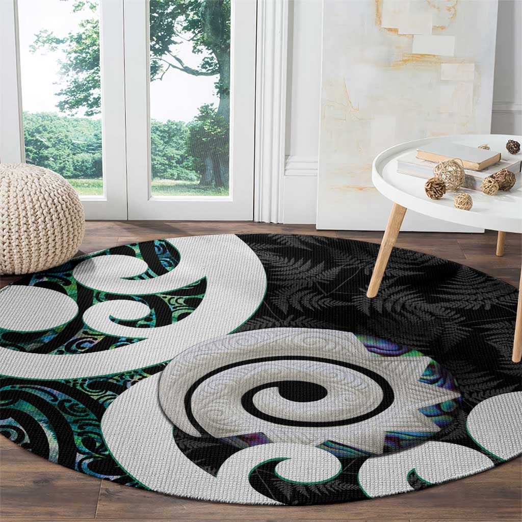 Aotearoa Koru Round Carpet Cyan Maori Paua Shell Mix Silver Fern