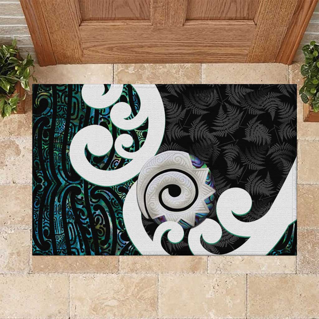 Aotearoa Koru Rubber Doormat Cyan Maori Paua Shell Mix Silver Fern