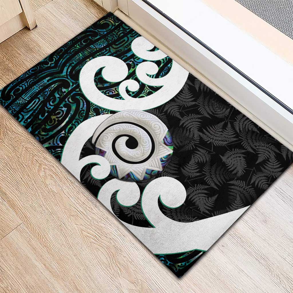 Aotearoa Koru Rubber Doormat Cyan Maori Paua Shell Mix Silver Fern