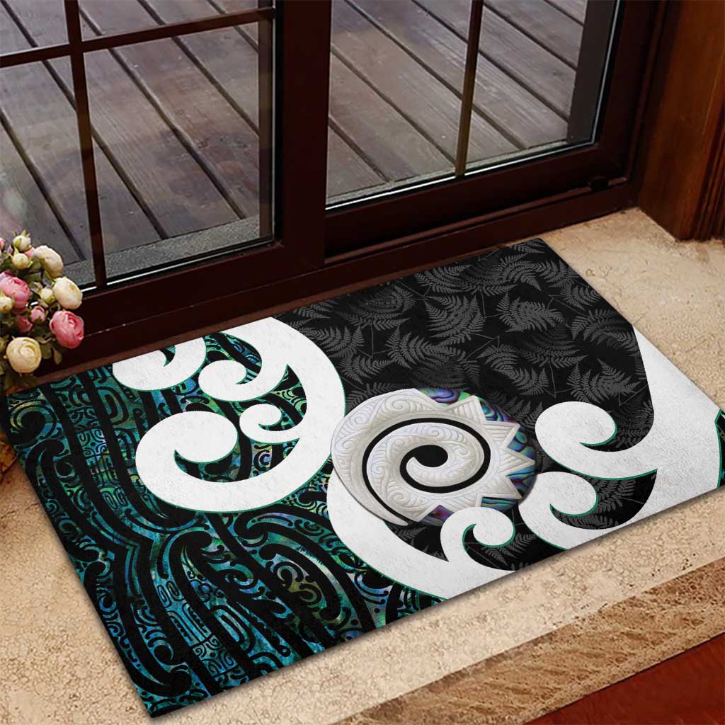 Aotearoa Koru Rubber Doormat Cyan Maori Paua Shell Mix Silver Fern