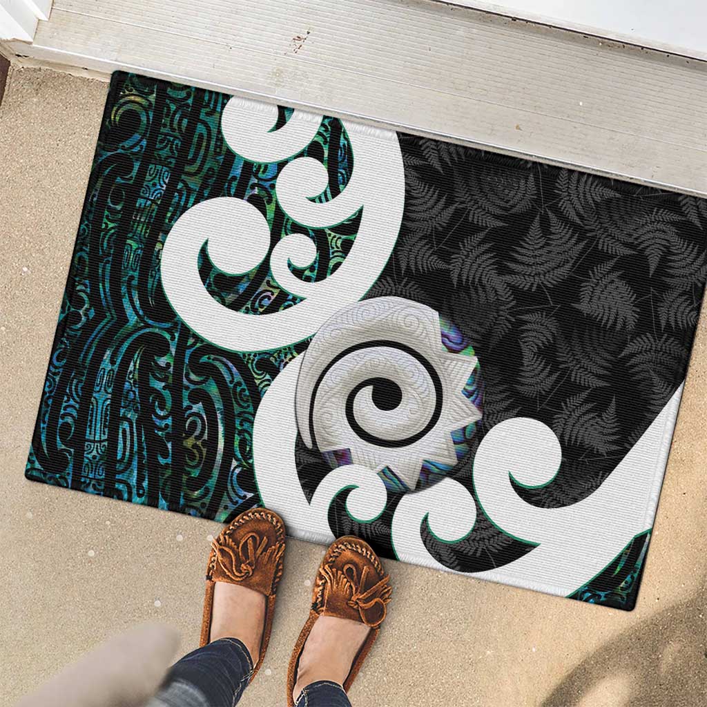 Aotearoa Koru Rubber Doormat Cyan Maori Paua Shell Mix Silver Fern