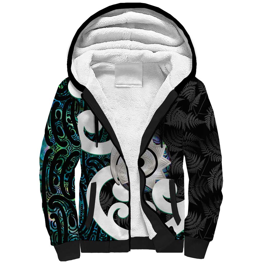 Aotearoa Koru Sherpa Hoodie Cyan Maori Paua Shell Mix Silver Fern - Vibe Hoodie Shop