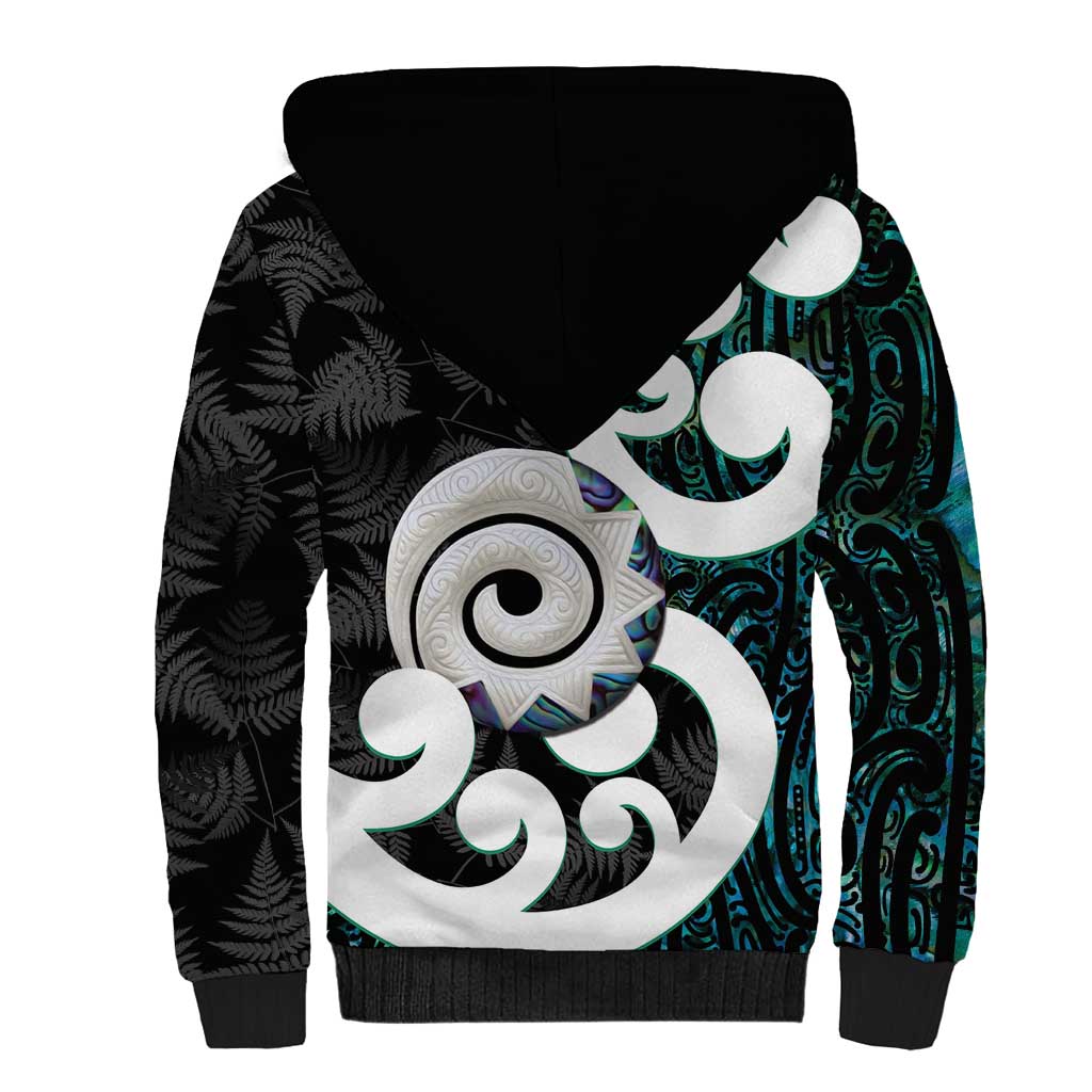 Aotearoa Koru Sherpa Hoodie Cyan Maori Paua Shell Mix Silver Fern - Vibe Hoodie Shop