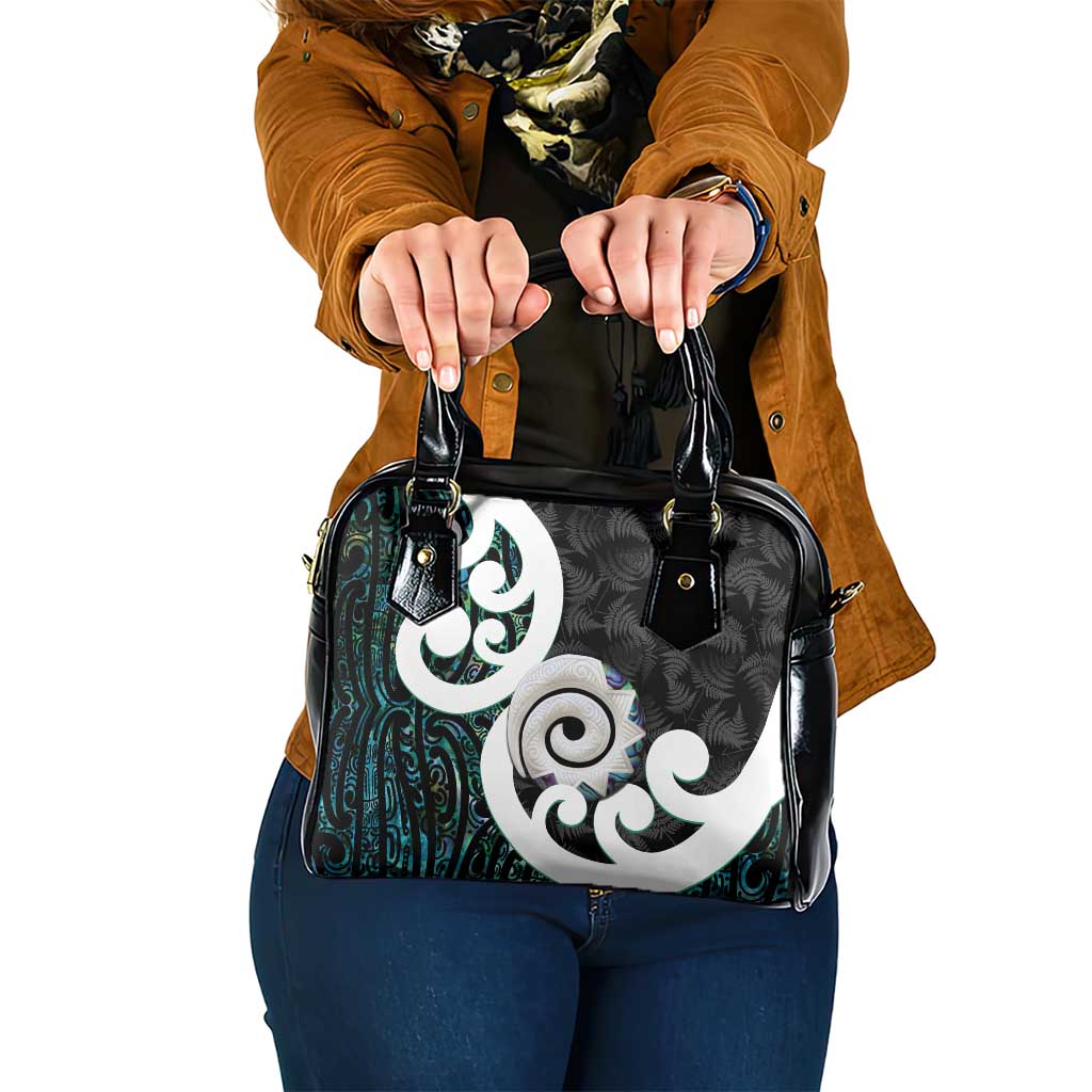 Aotearoa Koru Shoulder Handbag Cyan Maori Paua Shell Mix Silver Fern - Vibe Hoodie Shop