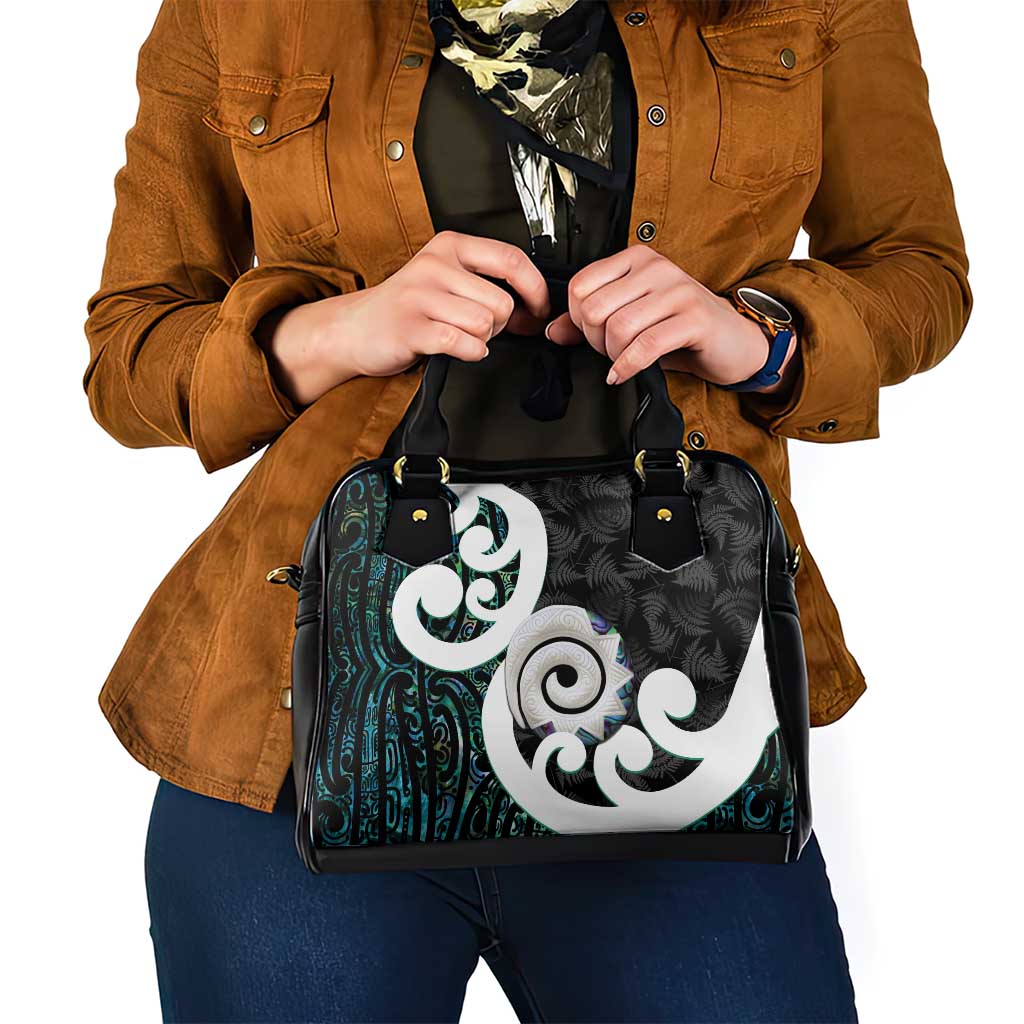 Aotearoa Koru Shoulder Handbag Cyan Maori Paua Shell Mix Silver Fern - Vibe Hoodie Shop