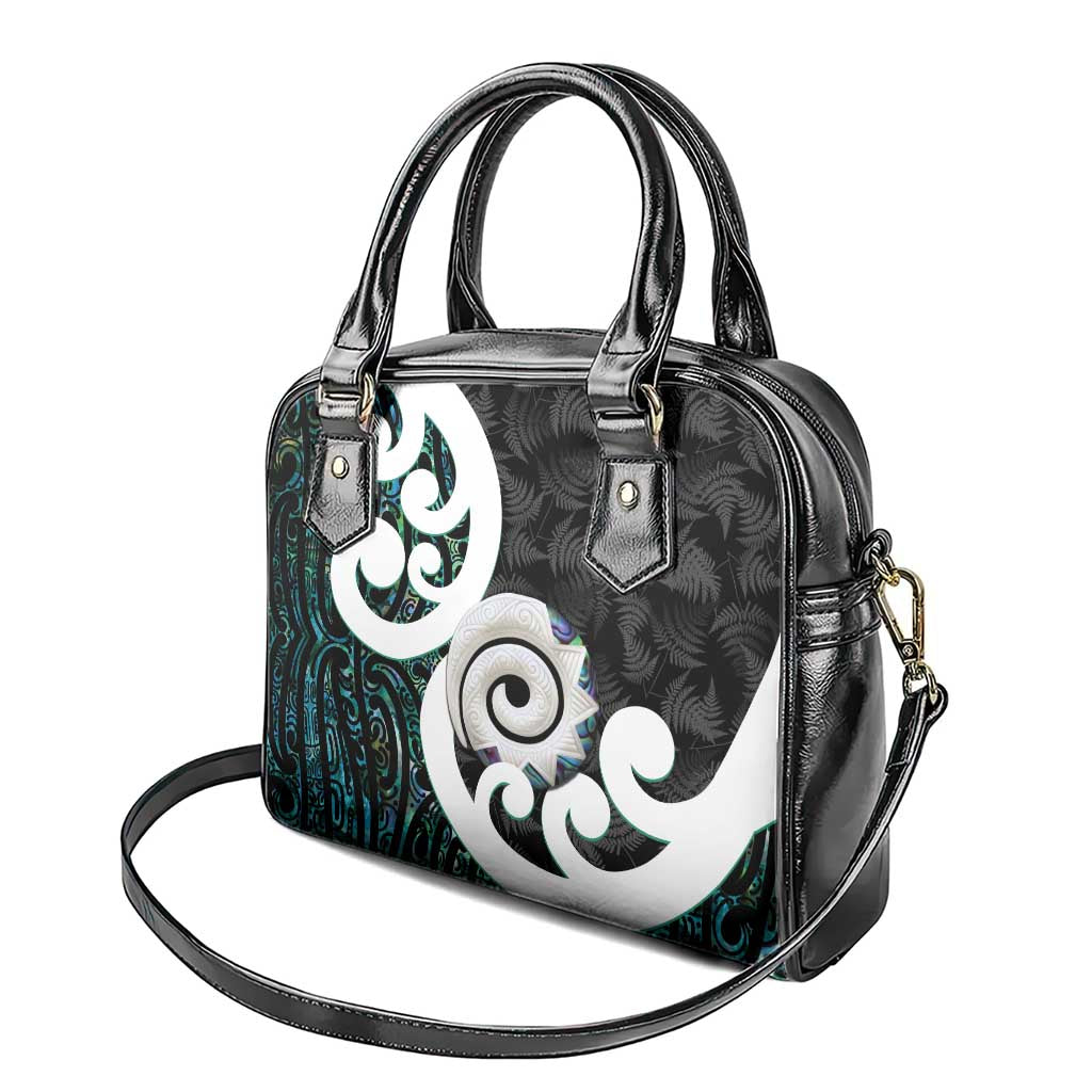 Aotearoa Koru Shoulder Handbag Cyan Maori Paua Shell Mix Silver Fern - Vibe Hoodie Shop