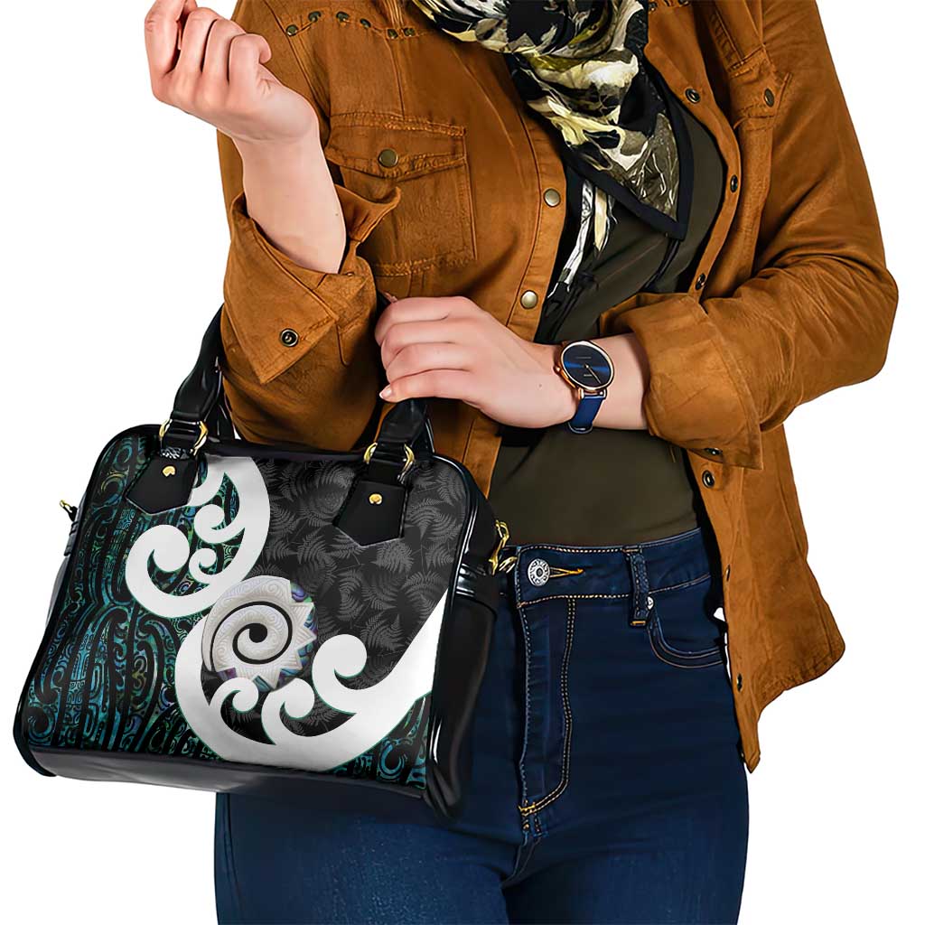 Aotearoa Koru Shoulder Handbag Cyan Maori Paua Shell Mix Silver Fern - Vibe Hoodie Shop