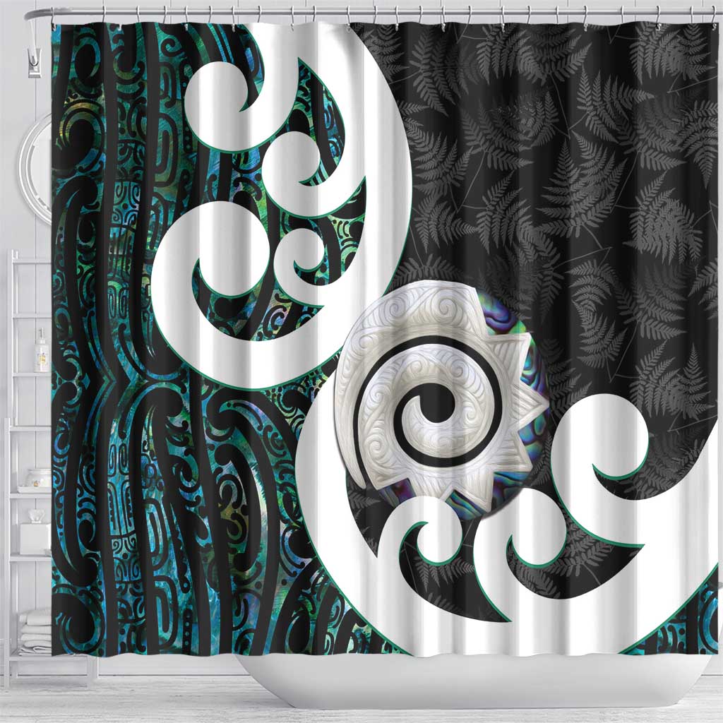 Aotearoa Koru Shower Curtain Cyan Maori Paua Shell Mix Silver Fern