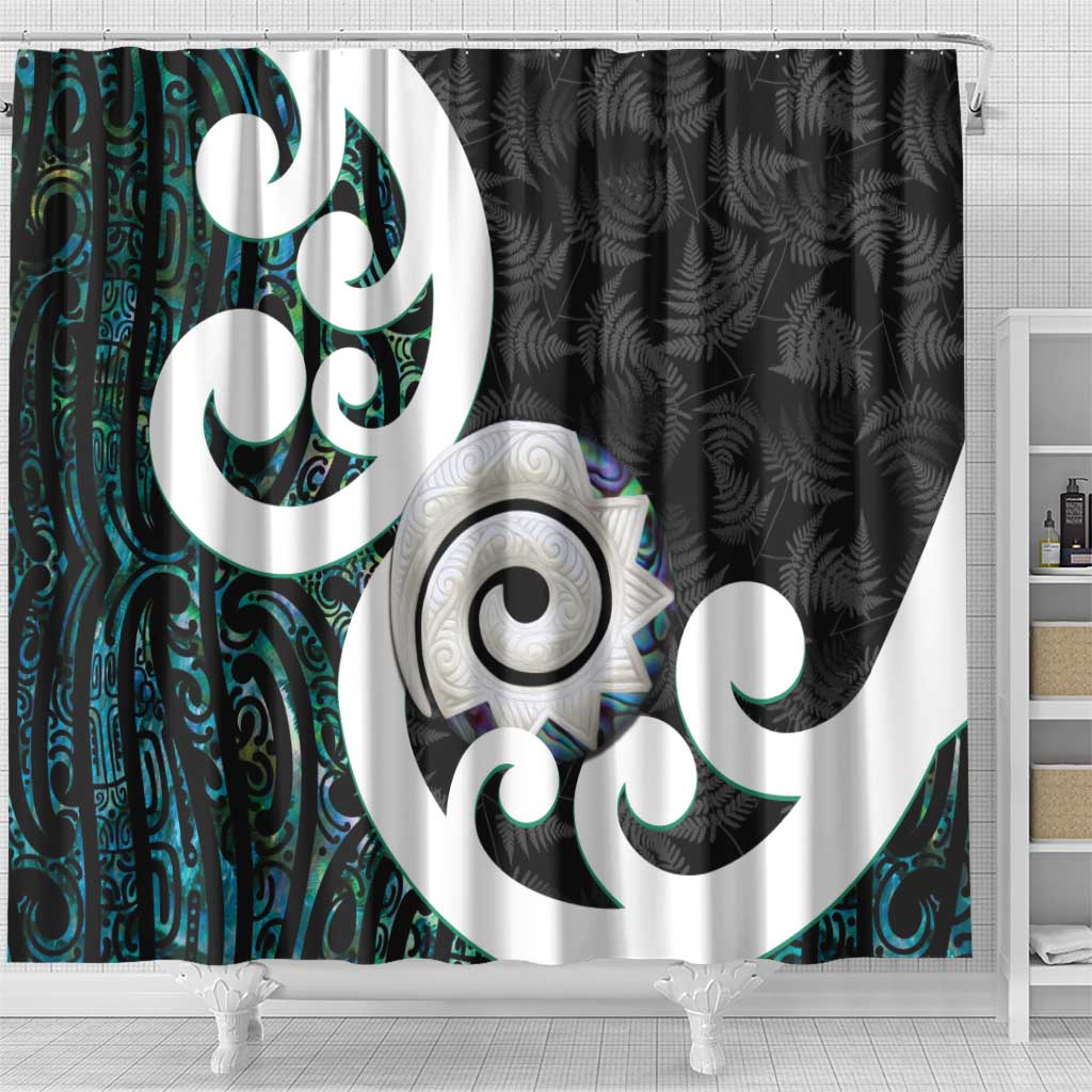 Aotearoa Koru Shower Curtain Cyan Maori Paua Shell Mix Silver Fern