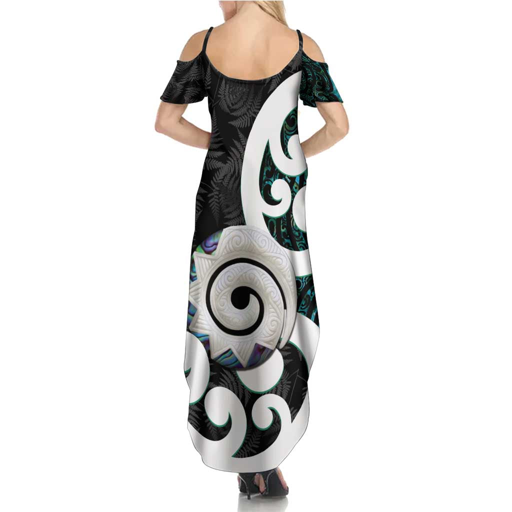 Aotearoa Koru Summer Maxi Dress Cyan Maori Paua Shell Mix Silver Fern