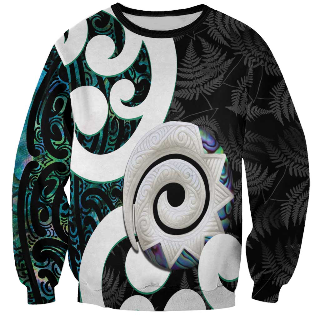 Aotearoa Koru Sweatshirt Cyan Maori Paua Shell Mix Silver Fern - Vibe Hoodie Shop