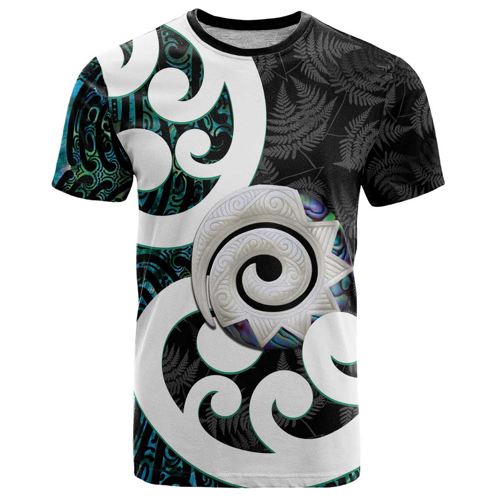 Aotearoa Koru T Shirt Cyan Maori Paua Shell Mix Silver Fern - Vibe Hoodie Shop