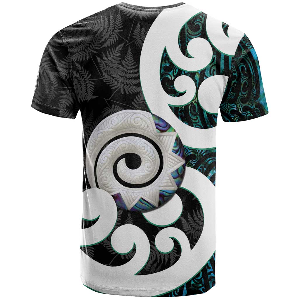 Aotearoa Koru T Shirt Cyan Maori Paua Shell Mix Silver Fern - Vibe Hoodie Shop