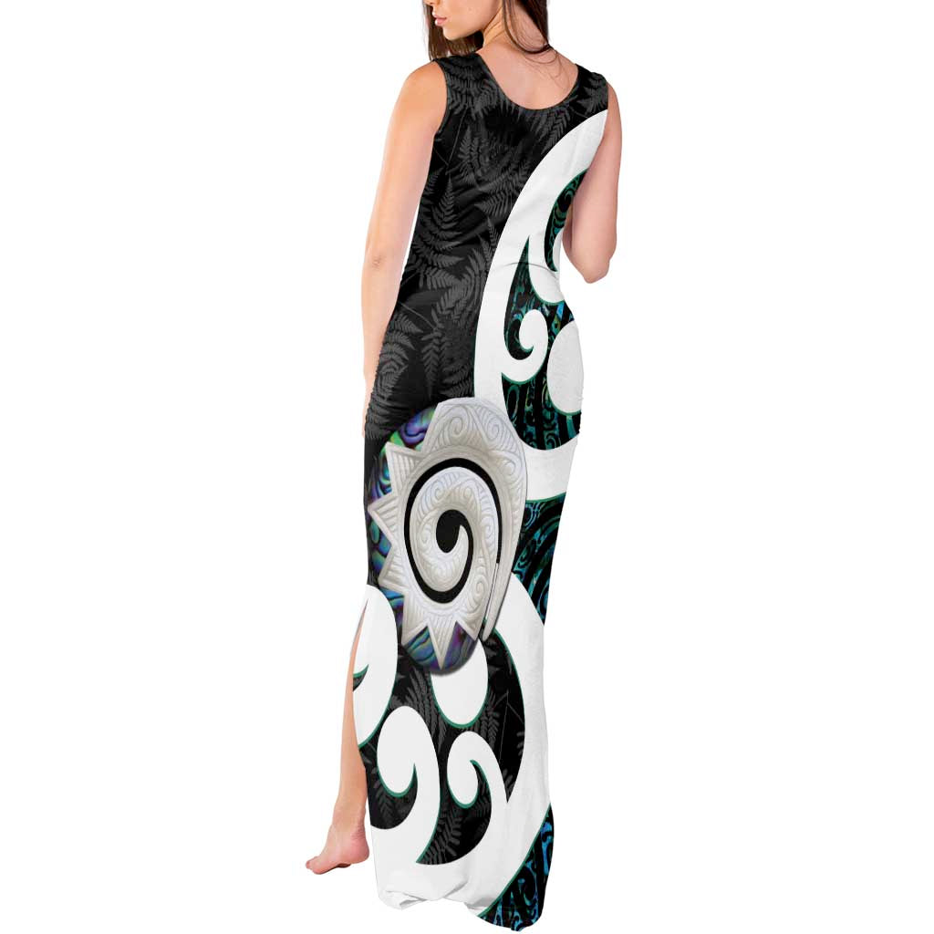 Aotearoa Koru Tank Maxi Dress Cyan Maori Paua Shell Mix Silver Fern