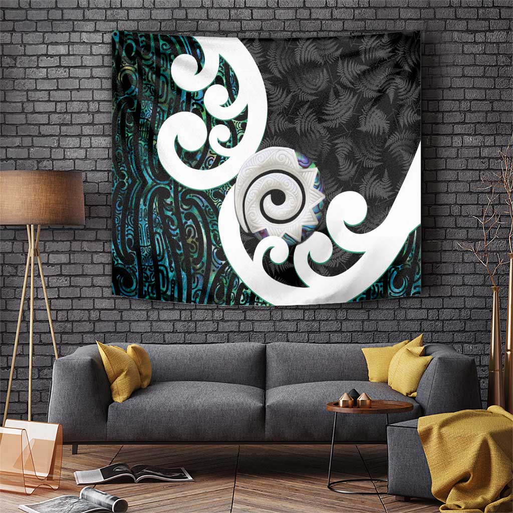 Aotearoa Koru Tapestry Cyan Maori Paua Shell Mix Silver Fern - Vibe Hoodie Shop