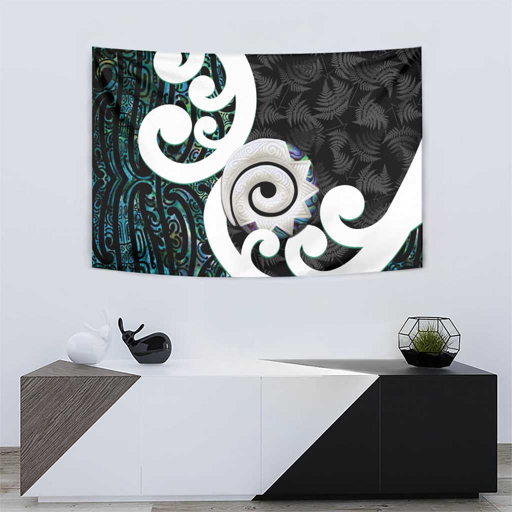 Aotearoa Koru Tapestry Cyan Maori Paua Shell Mix Silver Fern - Vibe Hoodie Shop