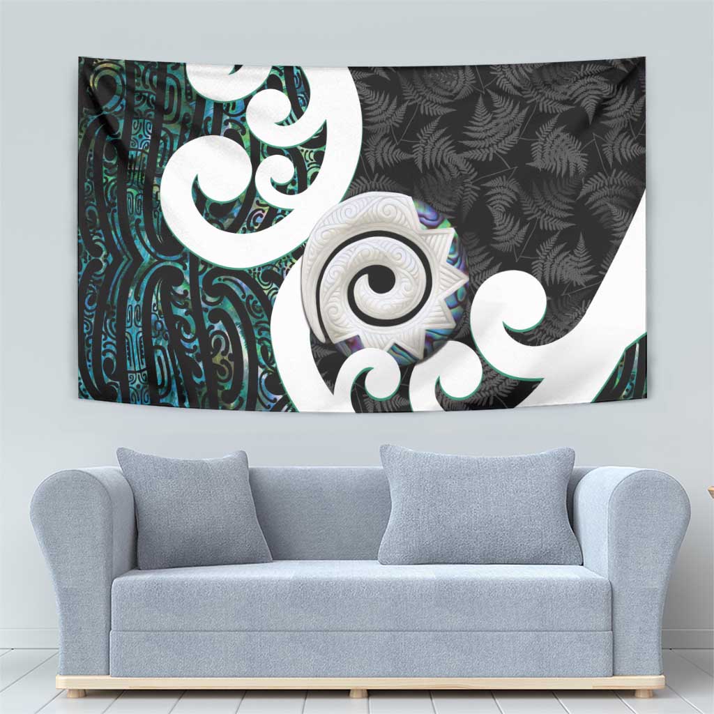 Aotearoa Koru Tapestry Cyan Maori Paua Shell Mix Silver Fern - Vibe Hoodie Shop