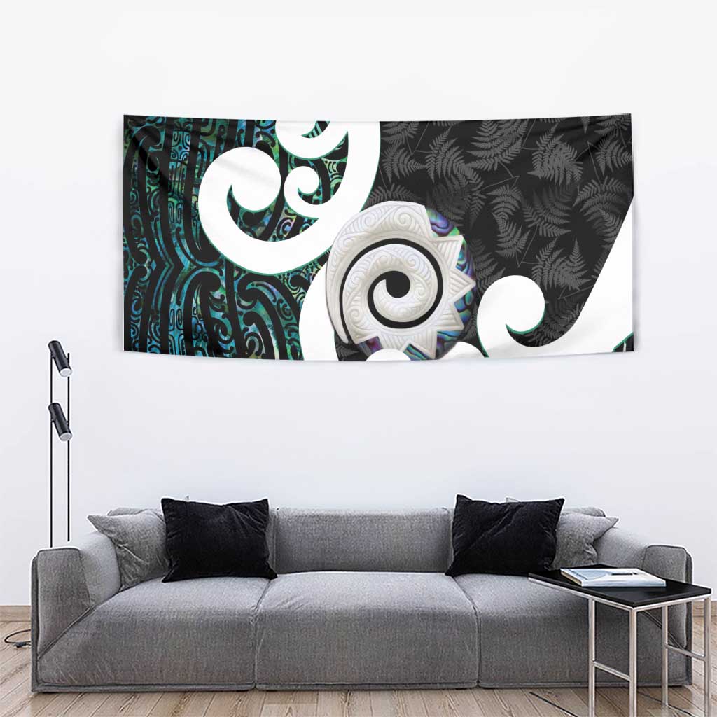 Aotearoa Koru Tapestry Cyan Maori Paua Shell Mix Silver Fern - Vibe Hoodie Shop