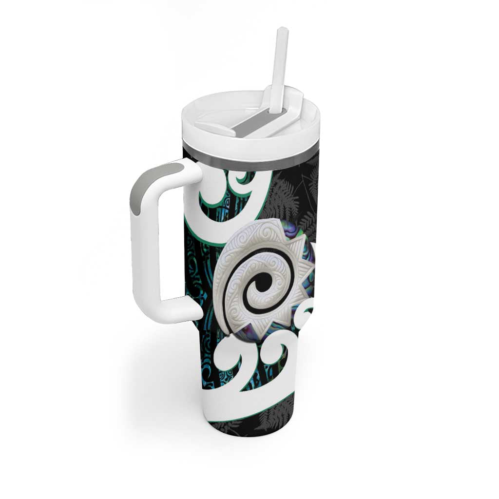 Aotearoa Koru Tumbler With Handle Cyan Maori Paua Shell Mix Silver Fern