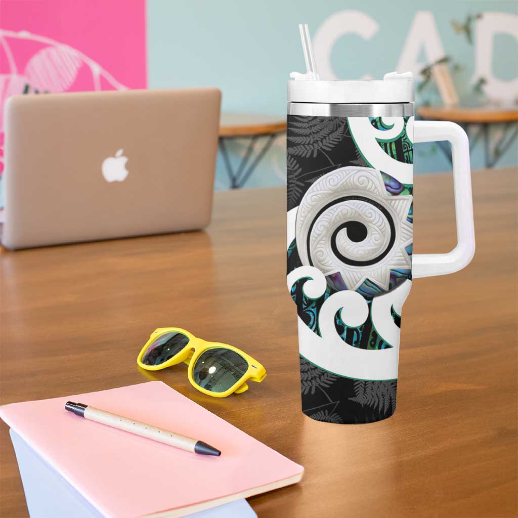 Aotearoa Koru Tumbler With Handle Cyan Maori Paua Shell Mix Silver Fern