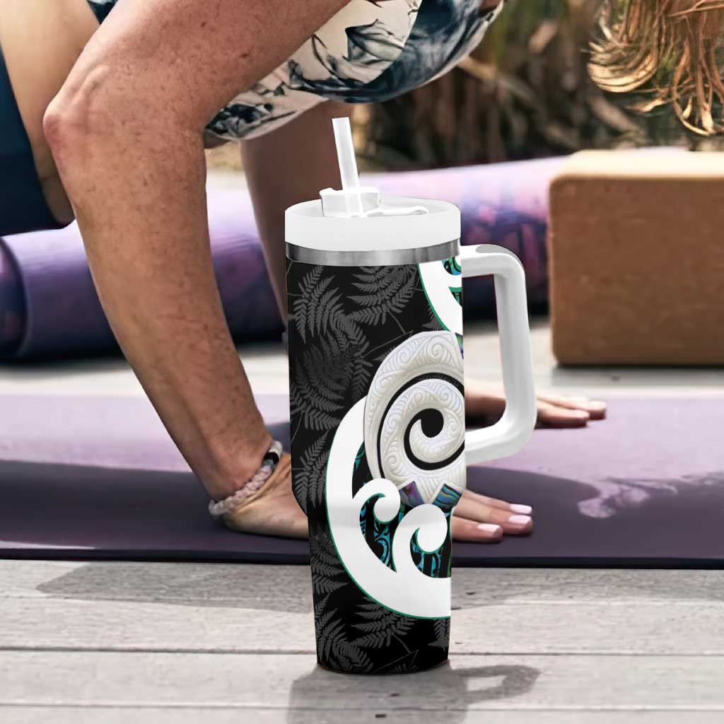 Aotearoa Koru Tumbler With Handle Cyan Maori Paua Shell Mix Silver Fern